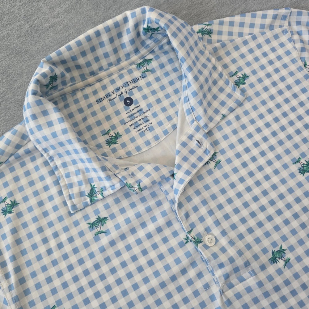 Simply Southern Mens Polo Shirt Small Blue Gingham Palm Tree Performance Stretch